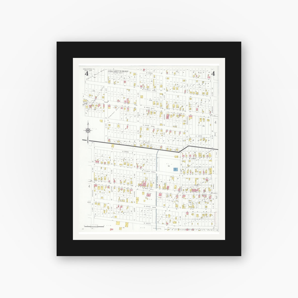 Old map wall art mockup — black gallery frame with white mat — Sanborn Fire Insurance Map from Mascoutah, Saint Clair County, Illinois (1933), Sheet #0004