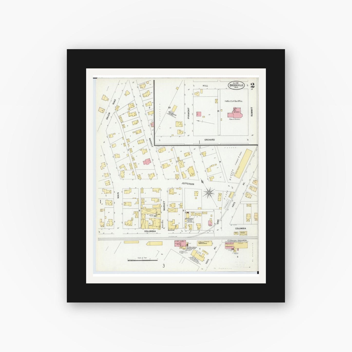 Old map wall art mockup — black gallery frame with white mat — Sanborn Fire Insurance Map from Brookville, Montgomery County, Ohio (1901), Sheet #0002