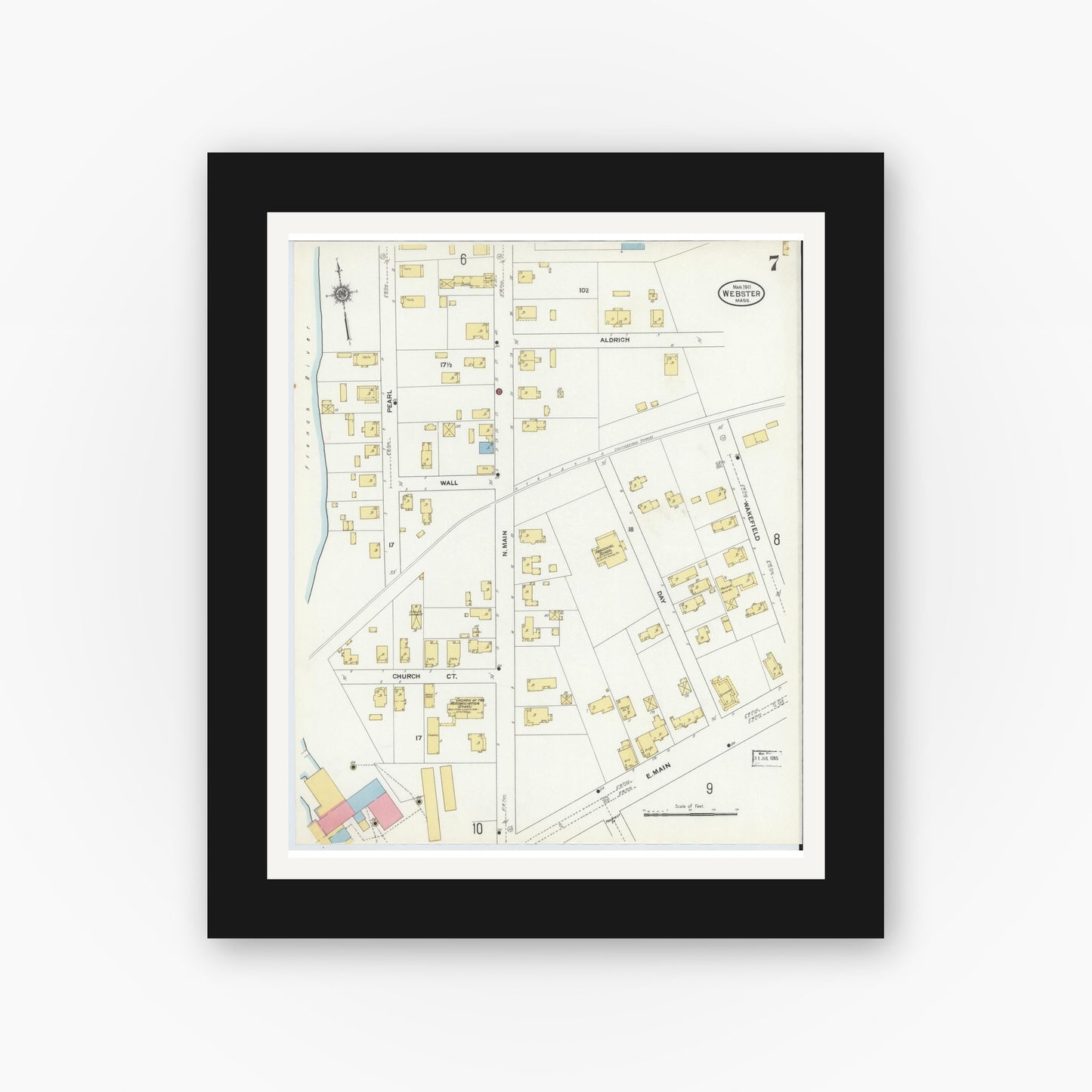 Old map wall art mockup — black gallery frame with white mat — Sanborn Fire Insurance Map from Webster, Worcester County, Massachusetts (1911), Sheet #0007
