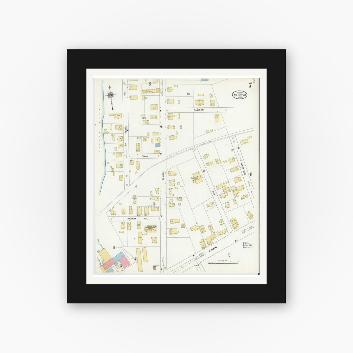Old map wall art mockup — black gallery frame with white mat — Sanborn Fire Insurance Map from Webster, Worcester County, Massachusetts (1911), Sheet #0007