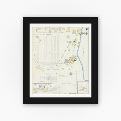 Old map wall art mockup — black gallery frame with white mat — Sanborn Fire Insurance Map from Cumberland, Barron County, Wisconsin (1893), Sheet #0002