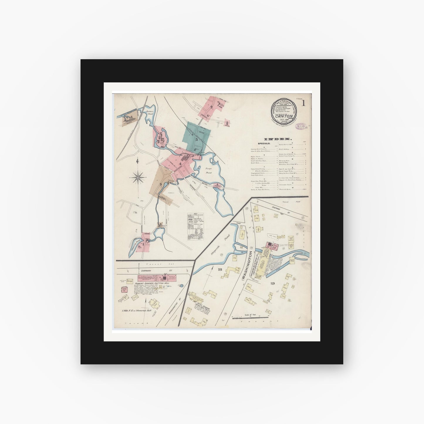 Old map wall art mockup — black gallery frame with white mat — Sanborn Fire Insurance Map from Canton, Norfolk County, Massachusetts (1885), Sheet #0001