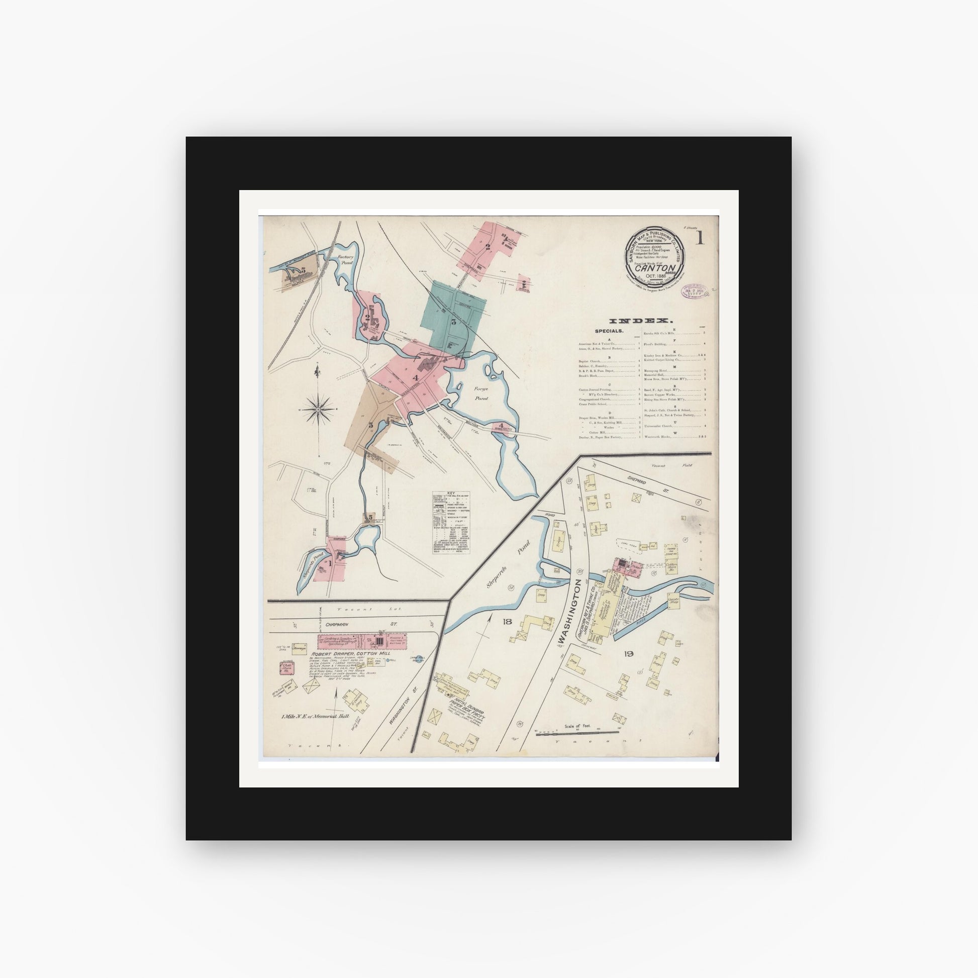 Old map wall art mockup — black gallery frame with white mat — Sanborn Fire Insurance Map from Canton, Norfolk County, Massachusetts (1885), Sheet #0001