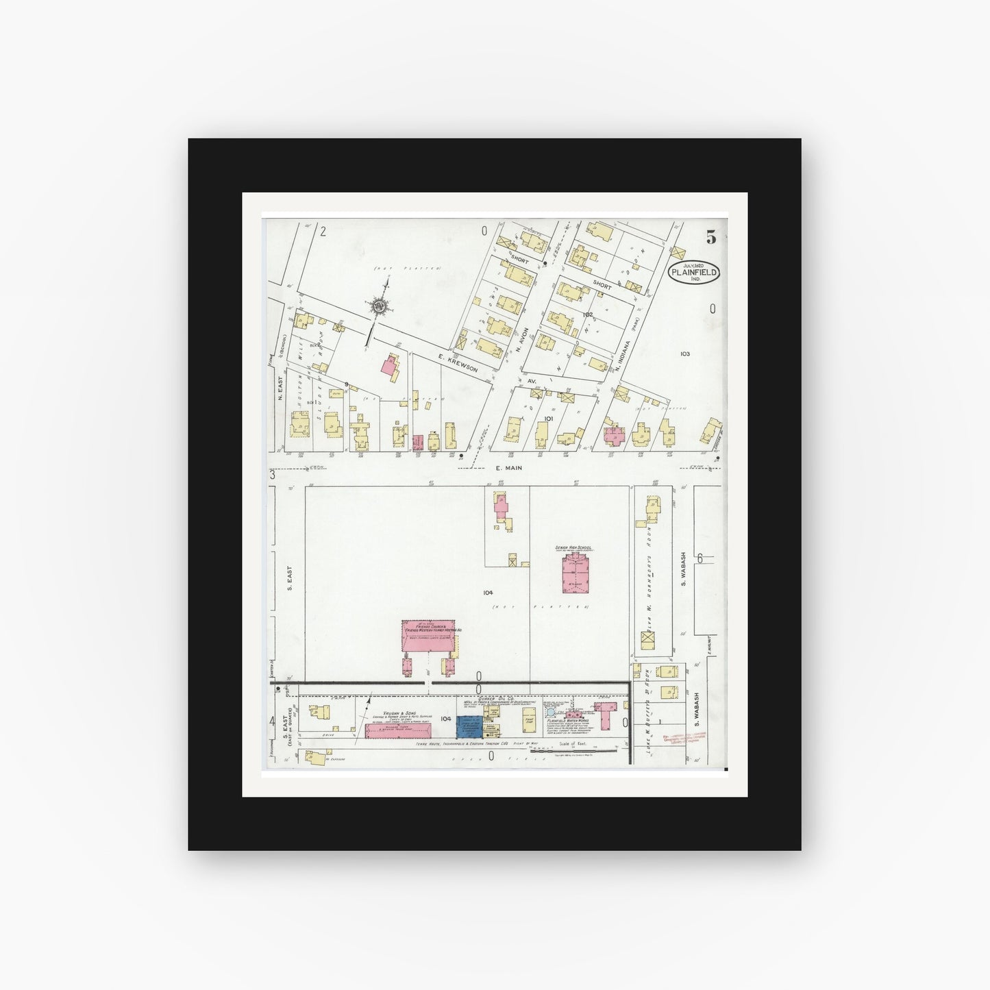 Old map wall art mockup — black gallery frame with white mat — Sanborn Fire Insurance Map from Plainfield, Hendricks County, Indiana (1920), Sheet #0005
