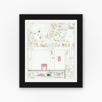 Old map wall art mockup — black gallery frame with white mat — Sanborn Fire Insurance Map from Plainfield, Hendricks County, Indiana (1920), Sheet #0005