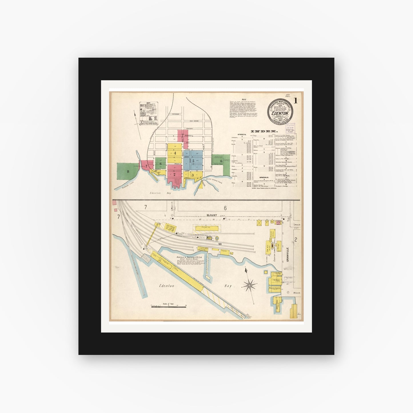 Old map wall art mockup — black gallery frame with white mat — Sanborn Fire Insurance Map from Edenton, Chowan County, North Carolina (1904), Sheet #0001