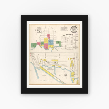 Old map wall art mockup — black gallery frame with white mat — Sanborn Fire Insurance Map from Edenton, Chowan County, North Carolina (1904), Sheet #0001