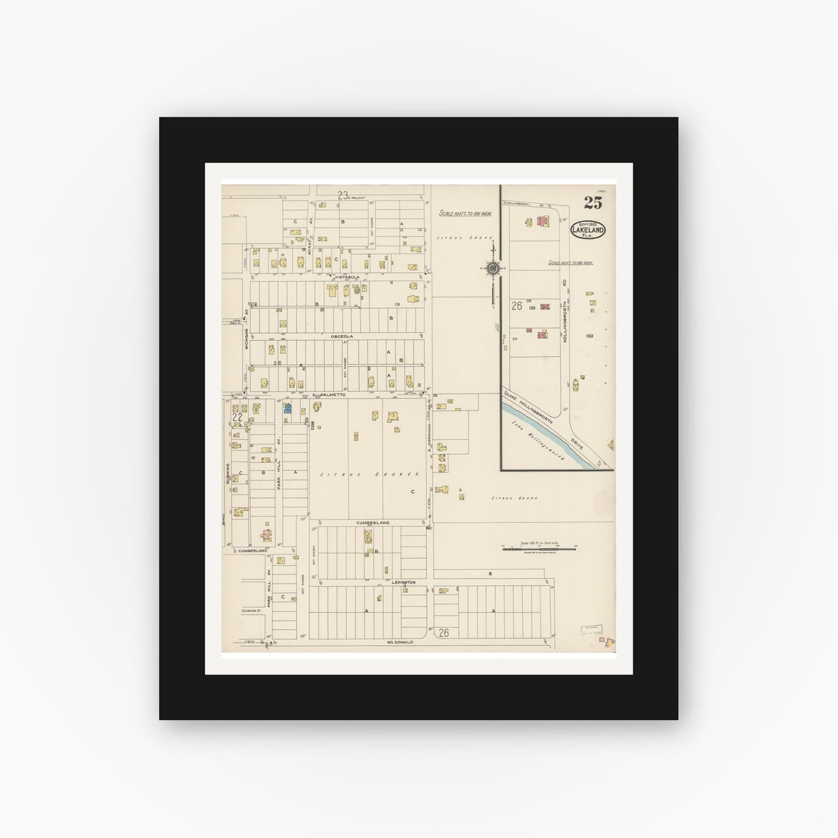 Old map wall art mockup — black gallery frame with white mat — Sanborn Fire Insurance Map from Lakeland, Polk County, Florida (1922), Sheet #0025