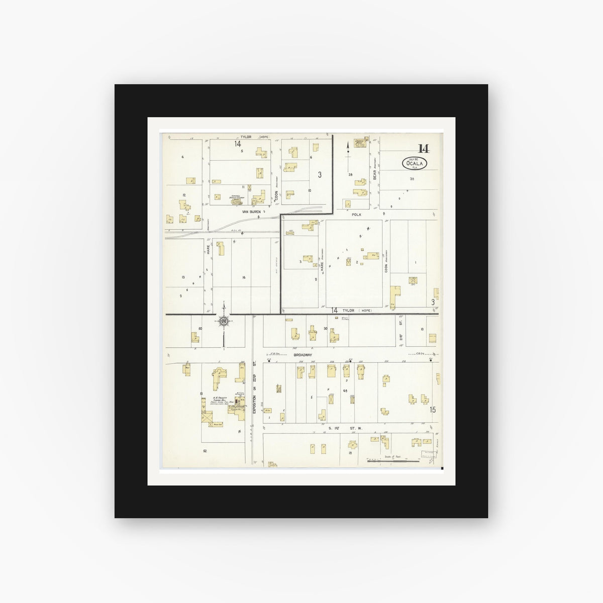 Old map wall art mockup — black gallery frame with white mat — Sanborn Fire Insurance Map from Ocala, Marion County, Florida (1912), Sheet #0014