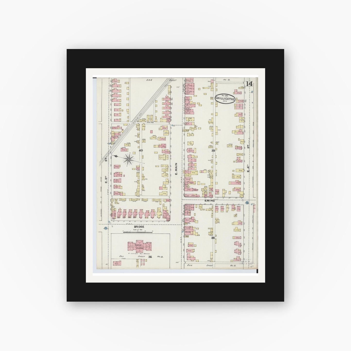 Old map wall art mockup — black gallery frame with white mat — Sanborn Fire Insurance Map from Chillicothe, Ross County, Ohio (1890), Sheet #0014