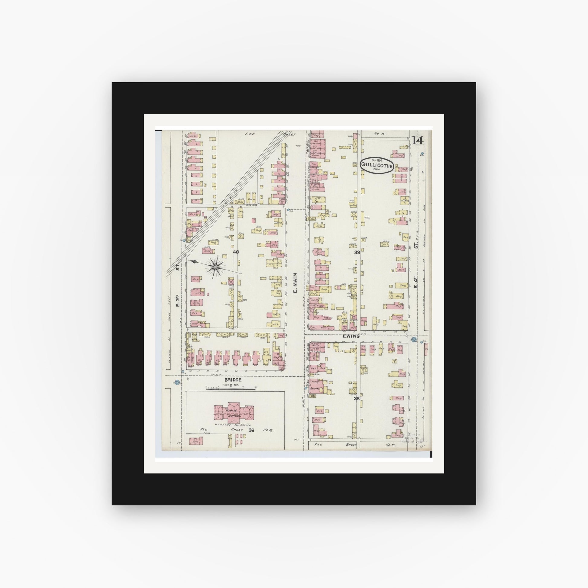 Old map wall art mockup — black gallery frame with white mat — Sanborn Fire Insurance Map from Chillicothe, Ross County, Ohio (1890), Sheet #0014