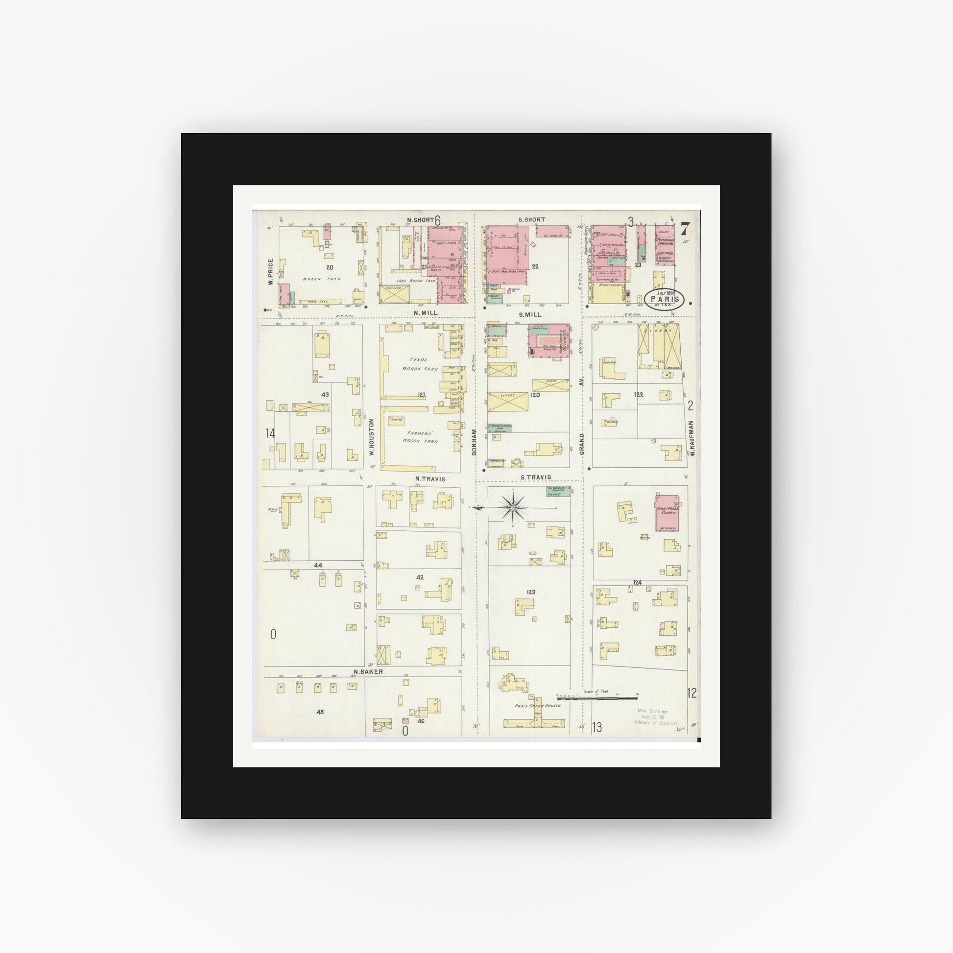 Old map wall art mockup — black gallery frame with white mat — Sanborn Fire Insurance Map from Paris, Lamar County, Texas (1897), Sheet #0007