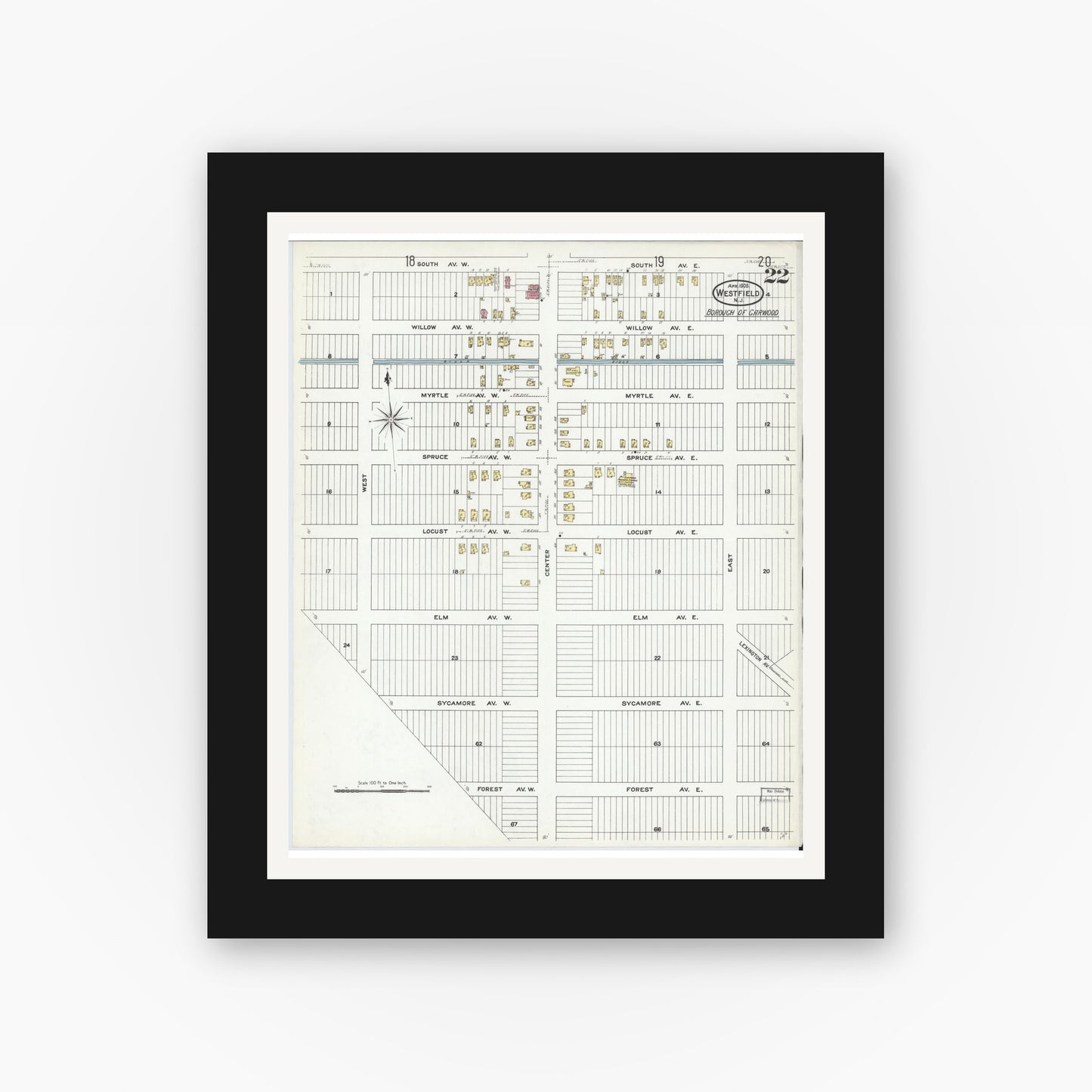 Old map wall art mockup — black gallery frame with white mat — Sanborn Fire Insurance Map from Westfield, Union County, New Jersey (1909), Sheet #0022