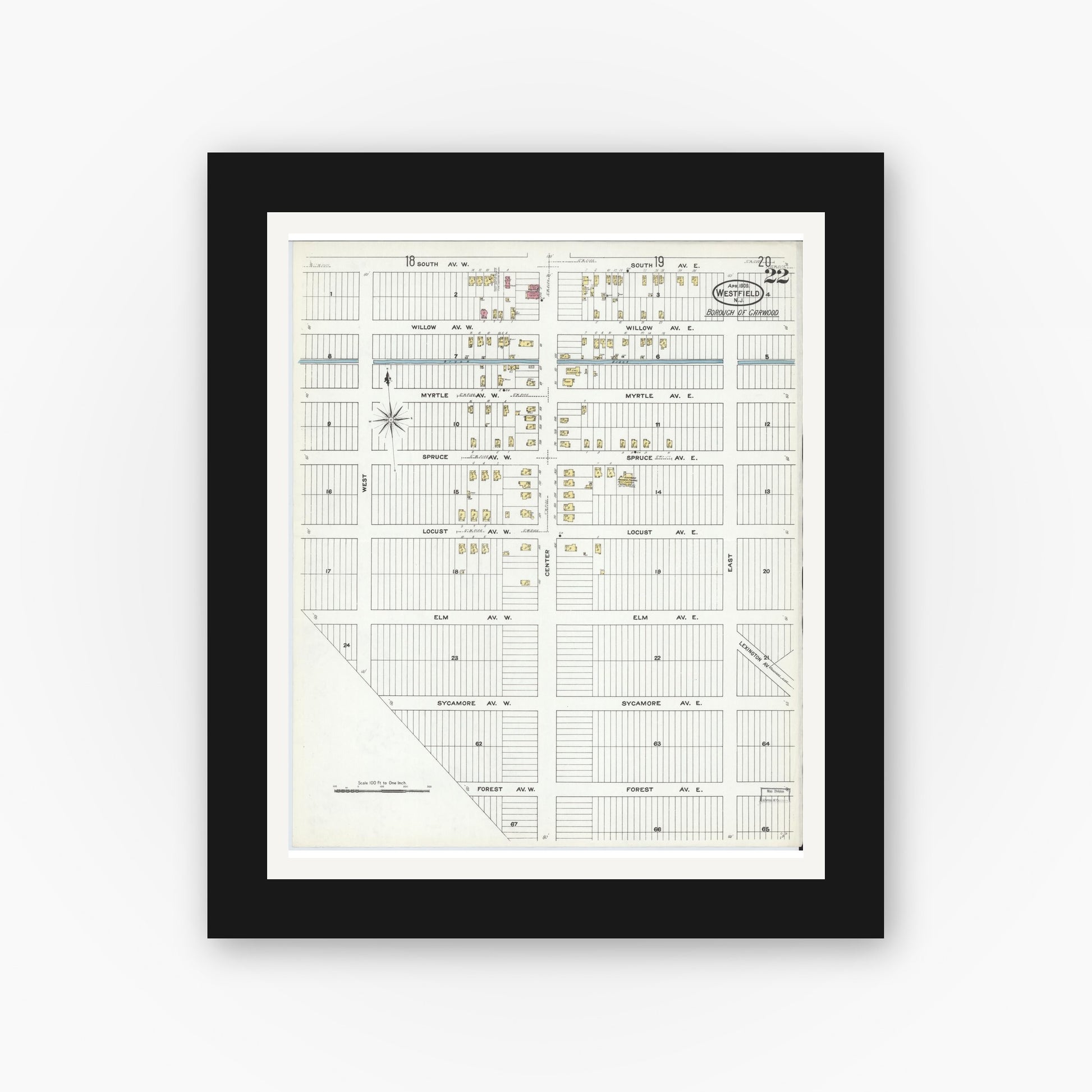 Old map wall art mockup — black gallery frame with white mat — Sanborn Fire Insurance Map from Westfield, Union County, New Jersey (1909), Sheet #0022