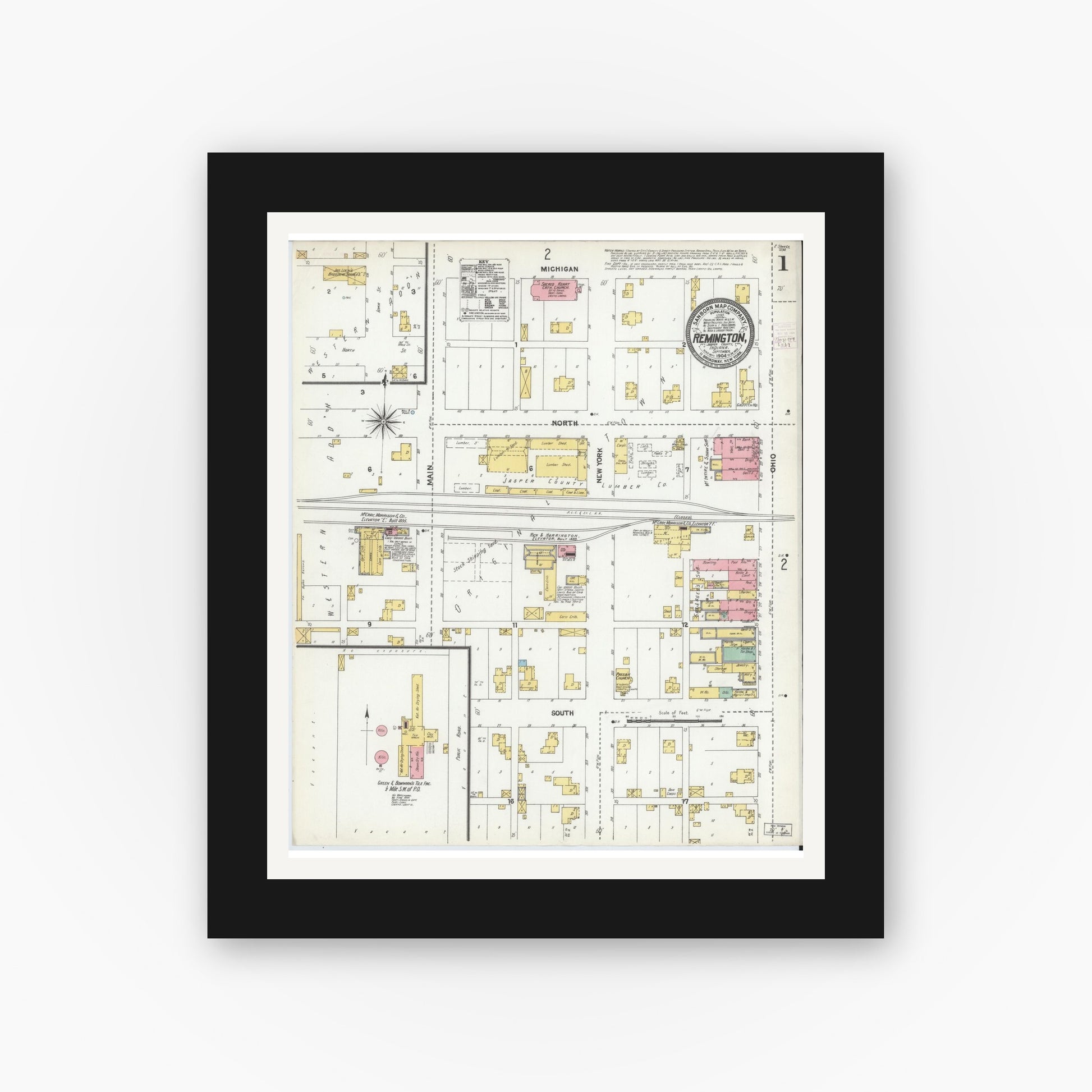 Old map wall art mockup — black gallery frame with white mat — Sanborn Fire Insurance Map from Remington, Jasper County, Indiana (1904), Sheet #0001