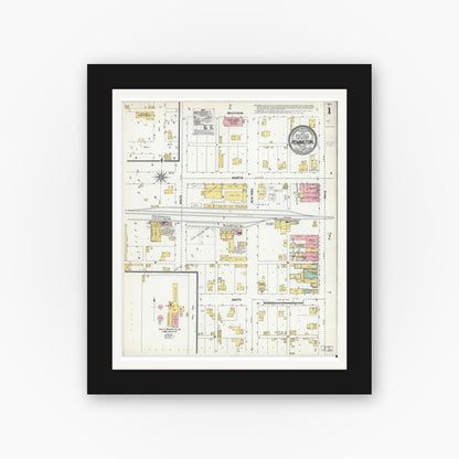Old map wall art mockup — black gallery frame with white mat — Sanborn Fire Insurance Map from Remington, Jasper County, Indiana (1904), Sheet #0001