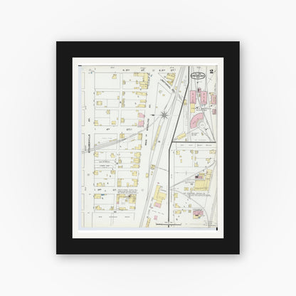 Old map wall art mockup — black gallery frame with white mat — Sanborn Fire Insurance Map from Cambridge, Guernsey County, Ohio (1892), Sheet #0002