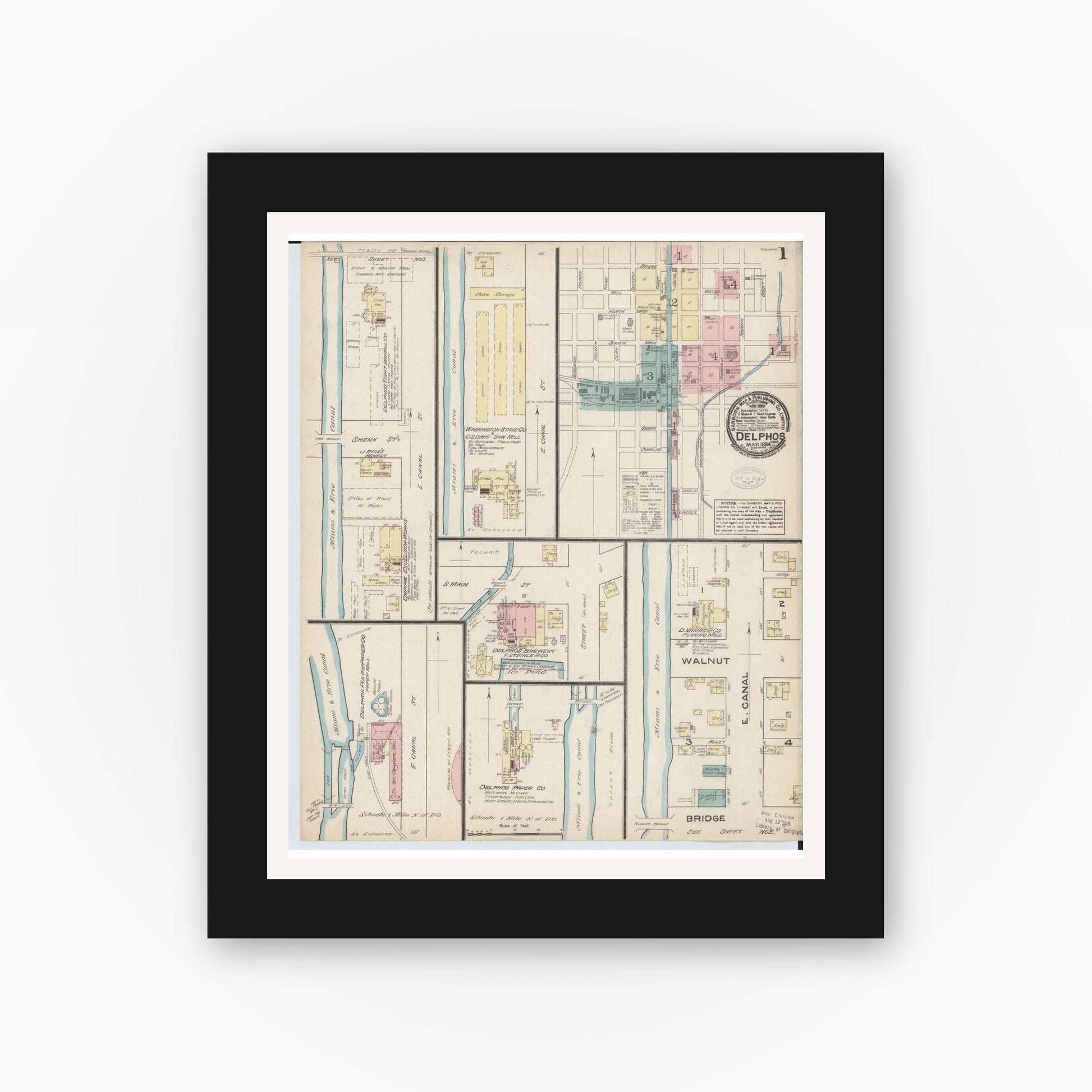 Old map wall art mockup — black gallery frame with white mat — Sanborn Fire Insurance Map from Delphos, Van Wert And Allen Counties, Ohio (1884) - Complete Map Set