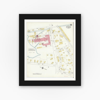 Old map wall art mockup — black gallery frame with white mat — Sanborn Fire Insurance Map from Whitman, Plymouth County, Massachusetts (1911), Sheet #0013
