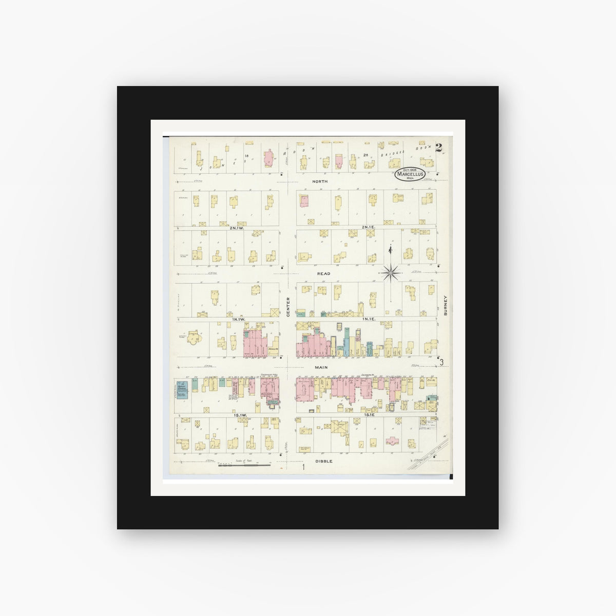 Old map wall art mockup — black gallery frame with white mat — Sanborn Fire Insurance Map from Marcellus, Cass County, Michigan (1908), Sheet #0002