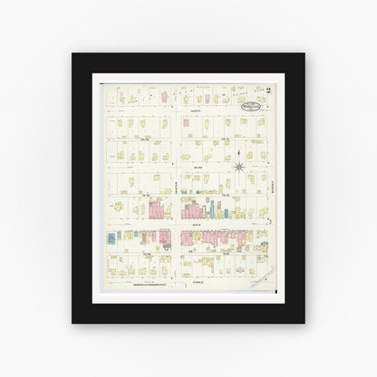 Old map wall art mockup — black gallery frame with white mat — Sanborn Fire Insurance Map from Marcellus, Cass County, Michigan (1908), Sheet #0002