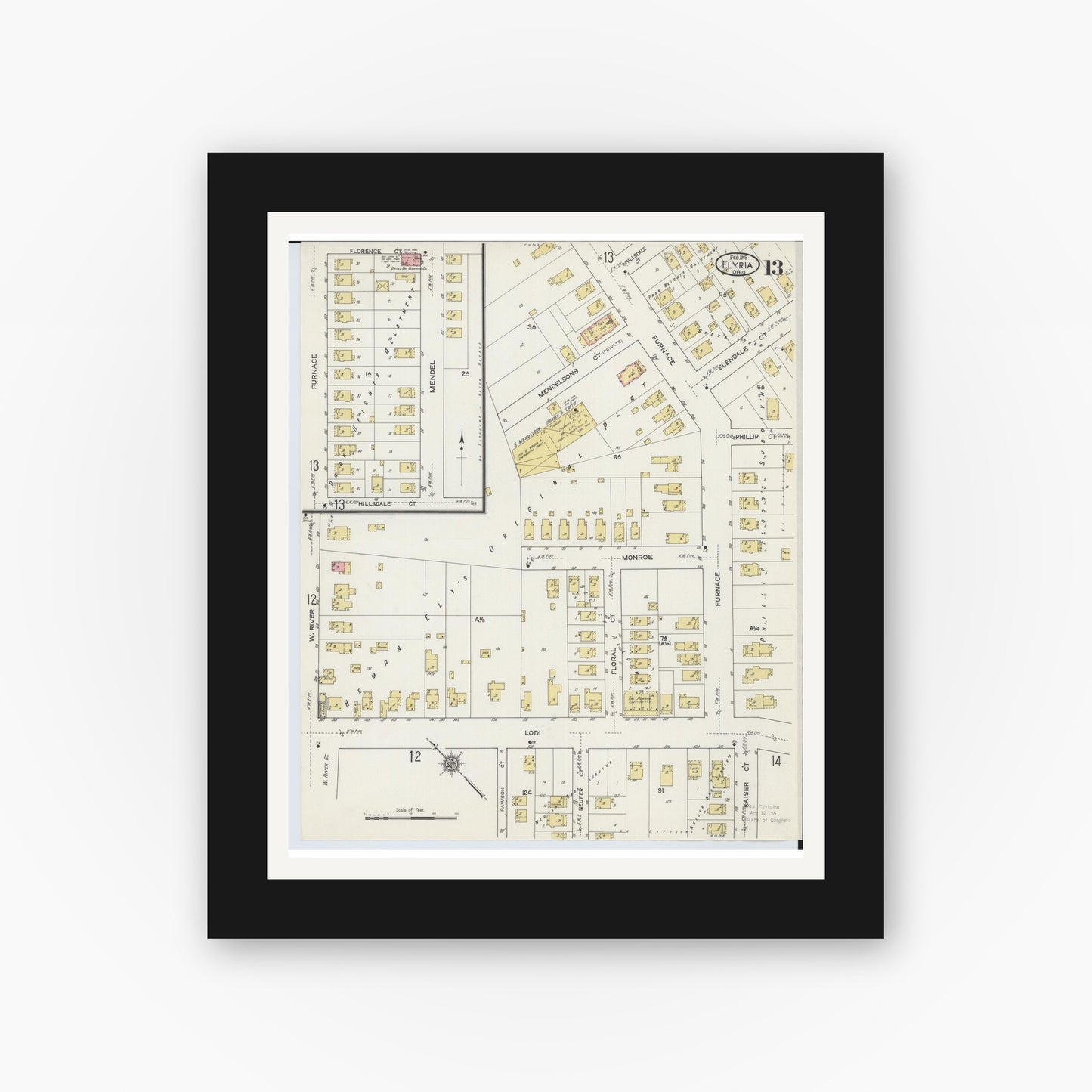 Old map wall art mockup — black gallery frame with white mat — Sanborn Fire Insurance Map from Elyria, Lorain County, Ohio (1915), Sheet #0013