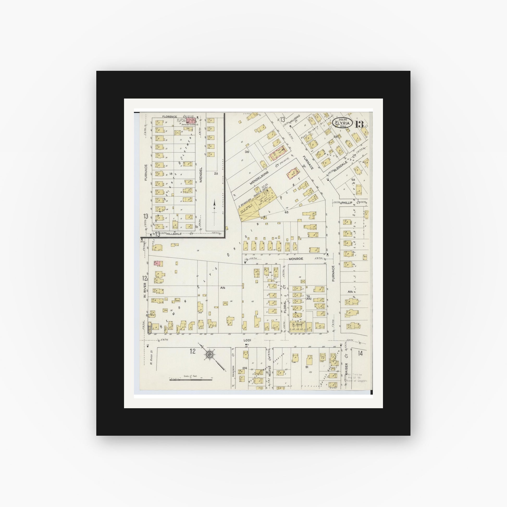 Old map wall art mockup — black gallery frame with white mat — Sanborn Fire Insurance Map from Elyria, Lorain County, Ohio (1915), Sheet #0013