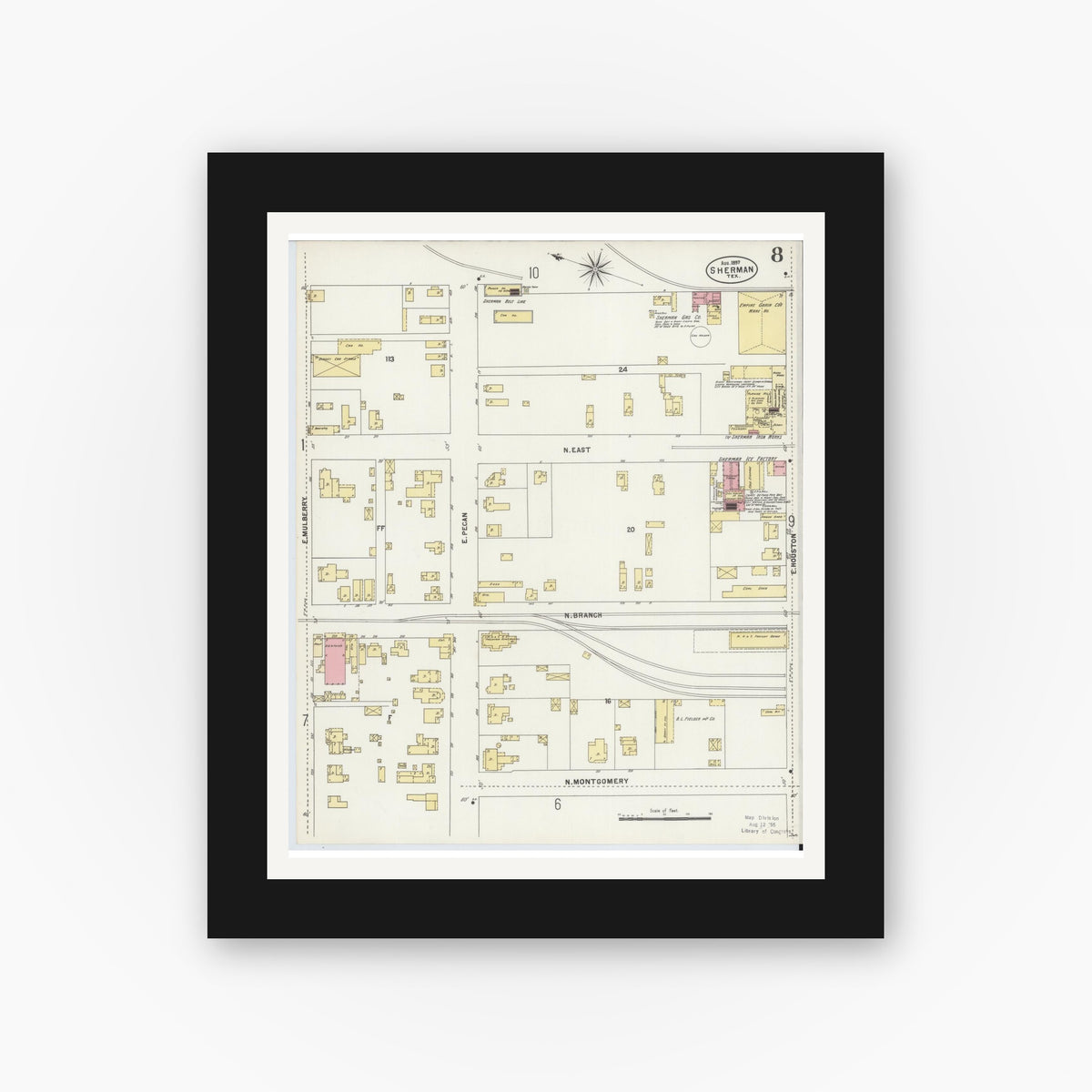 Old map wall art mockup — black gallery frame with white mat — Sanborn Fire Insurance Map from Sherman, Grayson County, Texas (1897), Sheet #0008