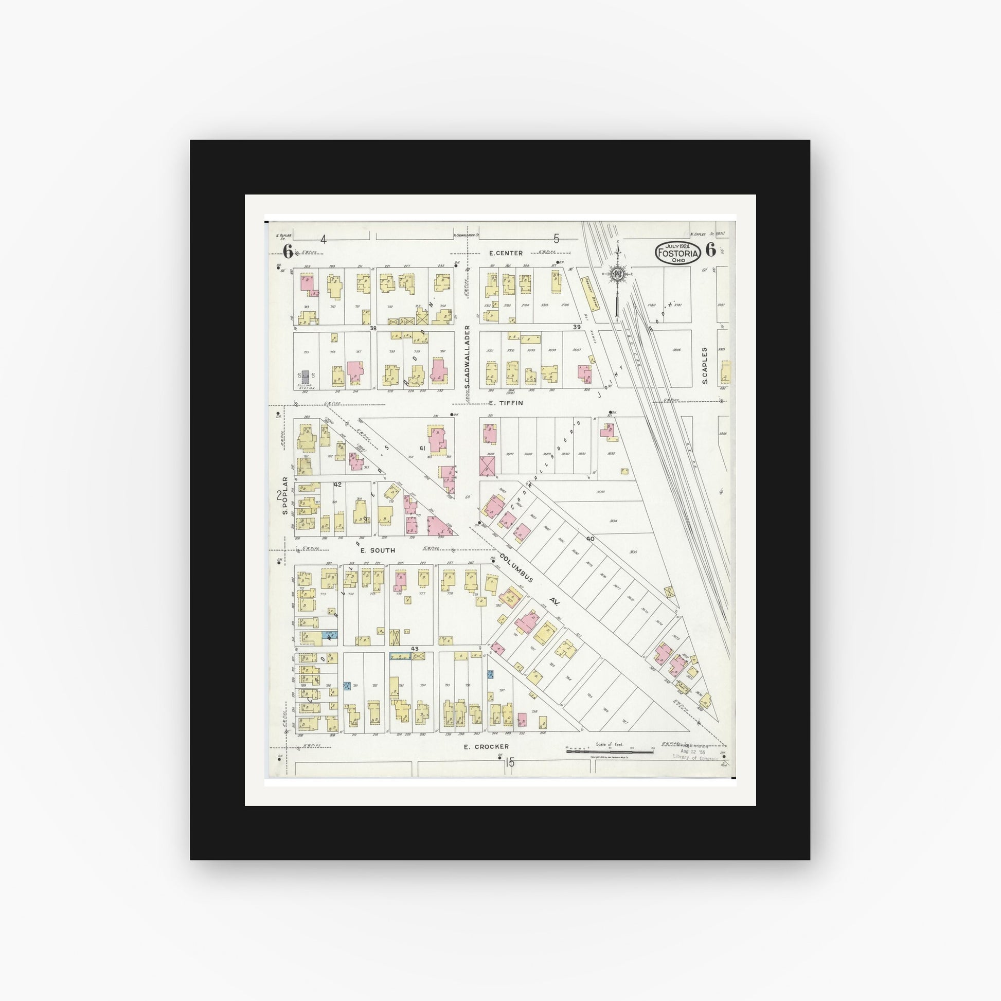 Old map wall art mockup — black gallery frame with white mat — Sanborn Fire Insurance Map from Fostoria, Seneca, Hancock, And Wood Counties, Ohio (1924), Sheet #0006