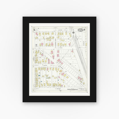 Old map wall art mockup — black gallery frame with white mat — Sanborn Fire Insurance Map from Fostoria, Seneca, Hancock, And Wood Counties, Ohio (1924), Sheet #0006