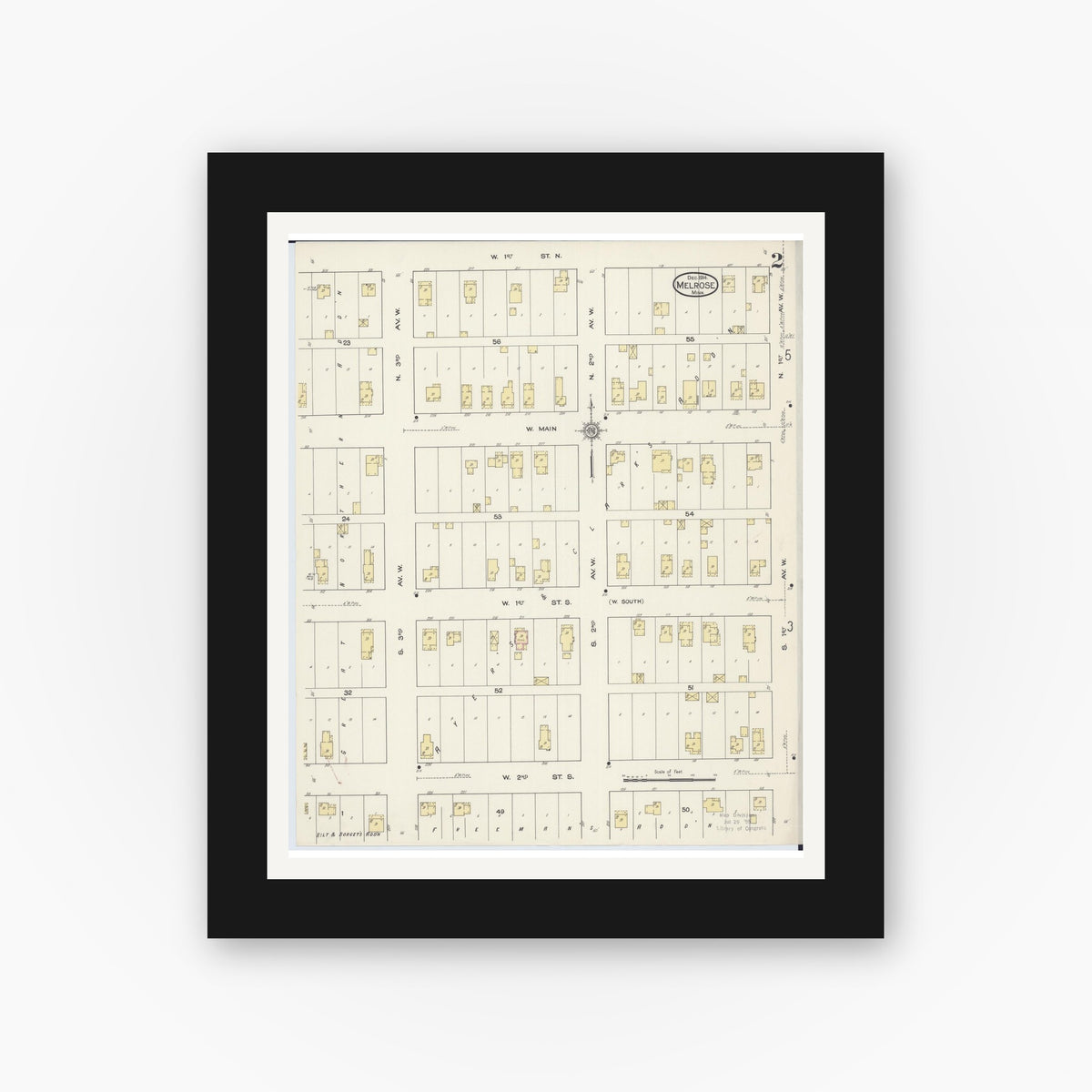 Old map wall art mockup — black gallery frame with white mat — Sanborn Fire Insurance Map from Melrose, Stearns County, Minnesota (1914), Sheet #0002