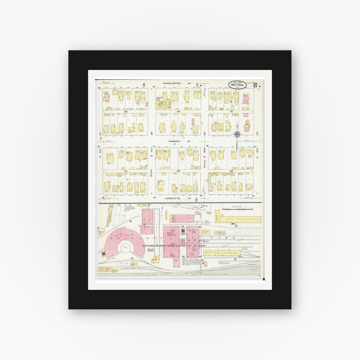 Old map wall art mockup — black gallery frame with white mat — Sanborn Fire Insurance Map from Mattoon, Coles County, Illinois (1909), Sheet #0008