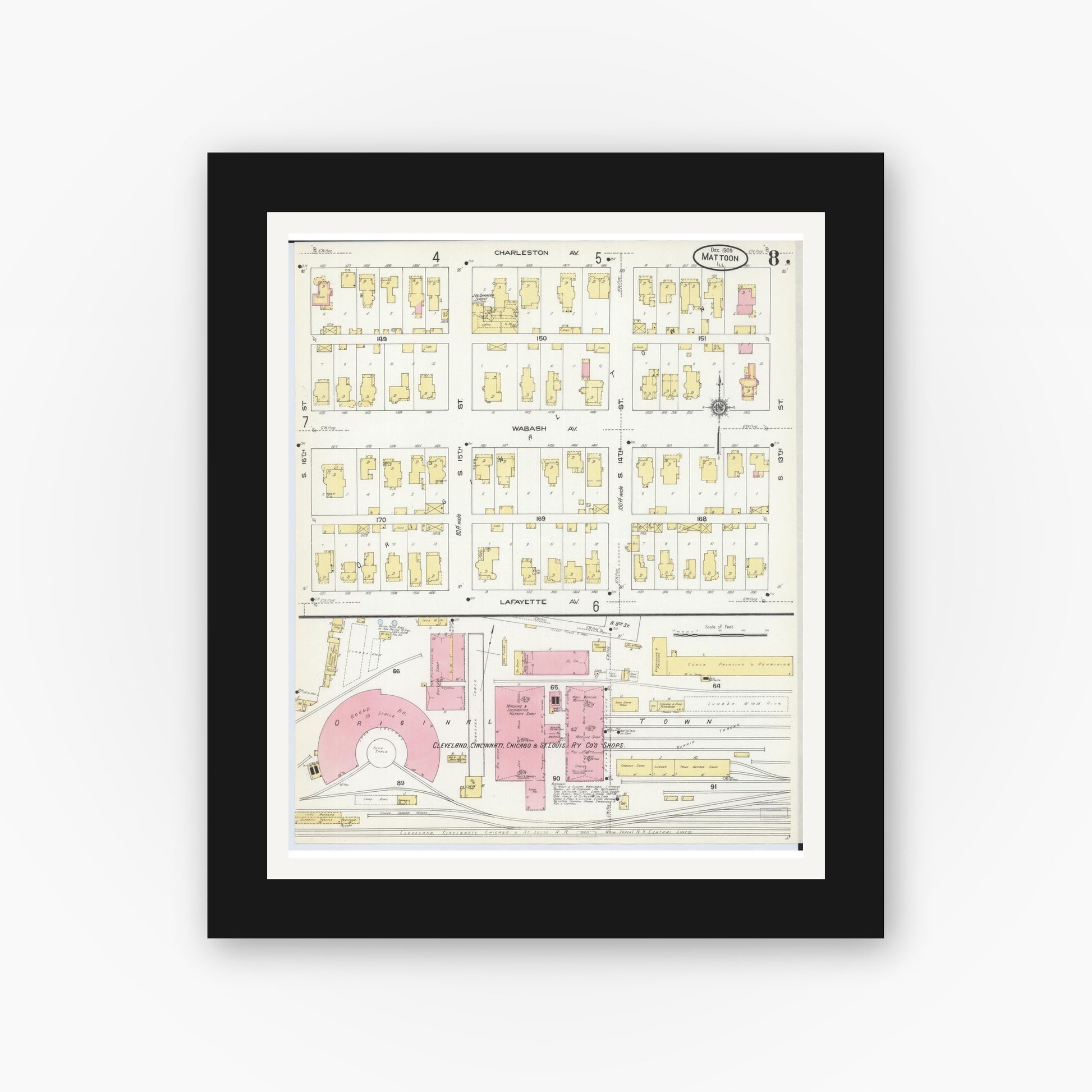 Old map wall art mockup — black gallery frame with white mat — Sanborn Fire Insurance Map from Mattoon, Coles County, Illinois (1909), Sheet #0008