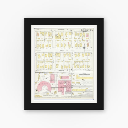 Old map wall art mockup — black gallery frame with white mat — Sanborn Fire Insurance Map from Mattoon, Coles County, Illinois (1909), Sheet #0008
