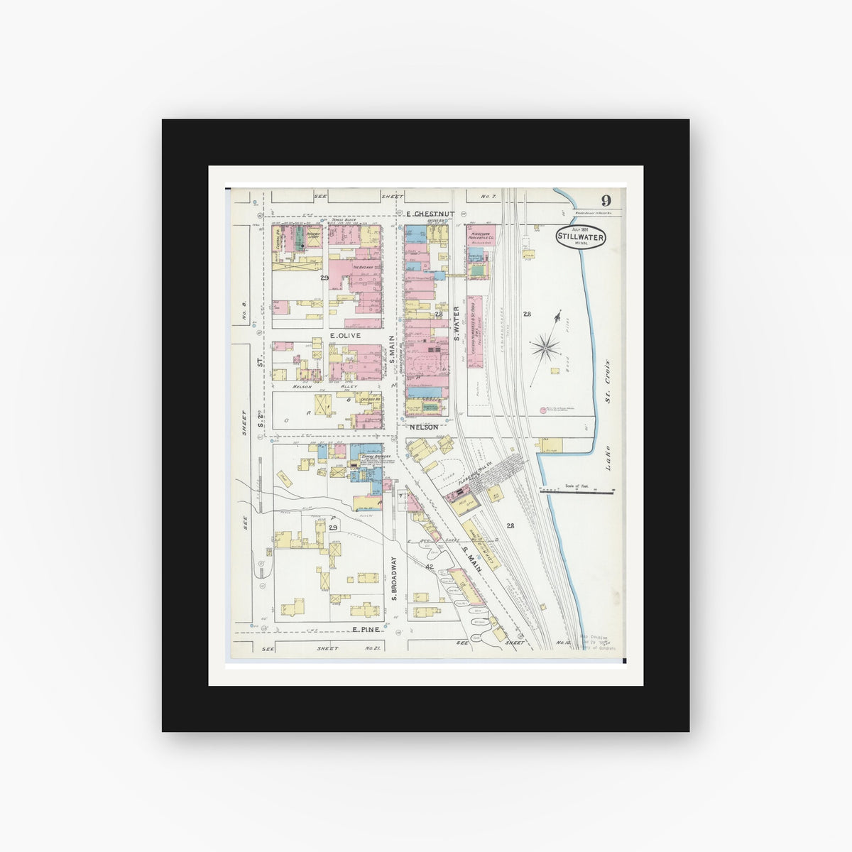 Old map wall art mockup — black gallery frame with white mat — Sanborn Fire Insurance Map from Stillwater, Washington County, Minnesota (1891), Sheet #0009