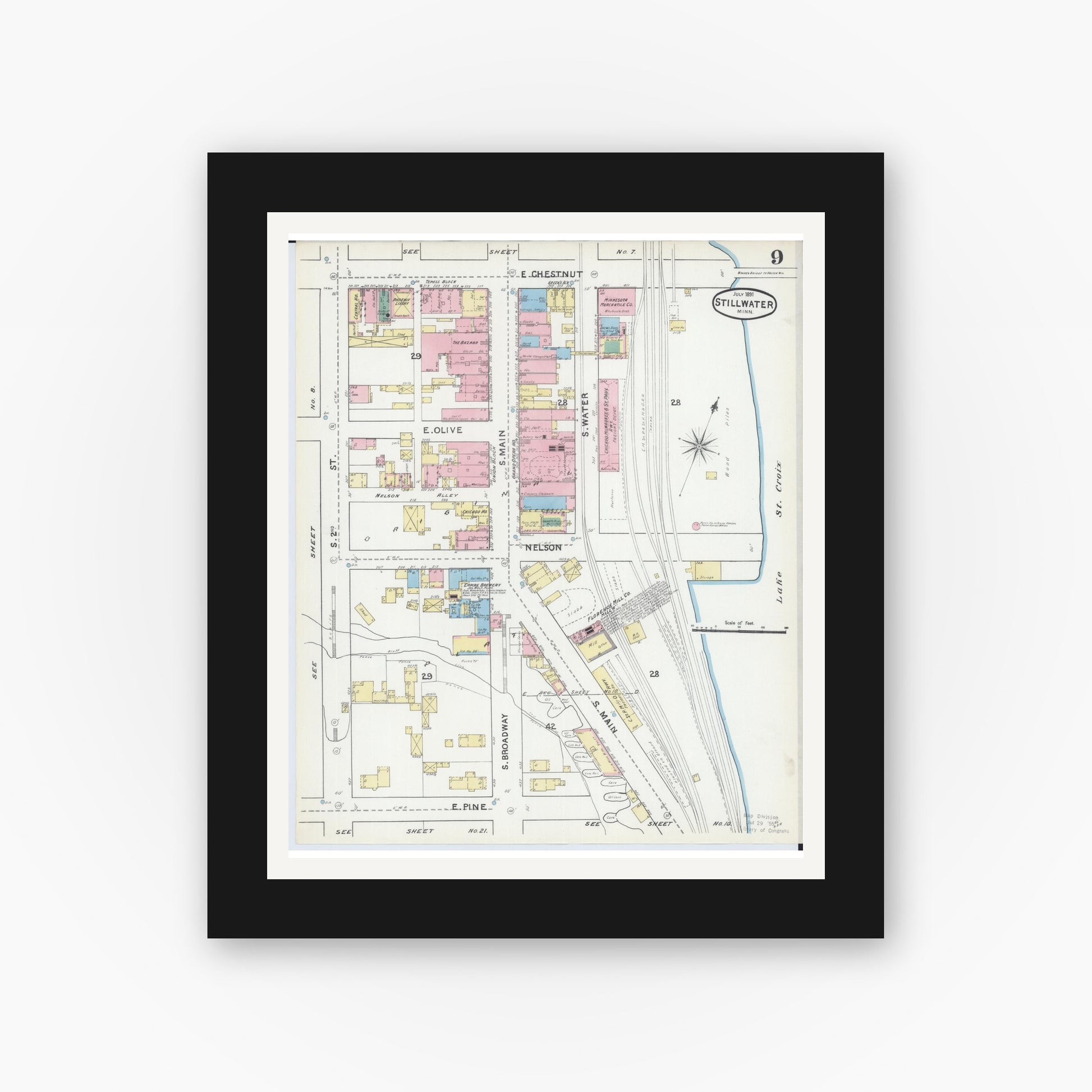 Old map wall art mockup — black gallery frame with white mat — Sanborn Fire Insurance Map from Stillwater, Washington County, Minnesota (1891), Sheet #0009
