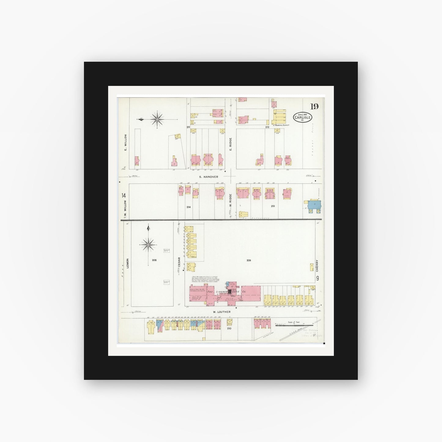 Old map wall art mockup — black gallery frame with white mat — Sanborn Fire Insurance Map from Carlisle, Cumberland County, Pennsylvania (1909), Sheet #0019