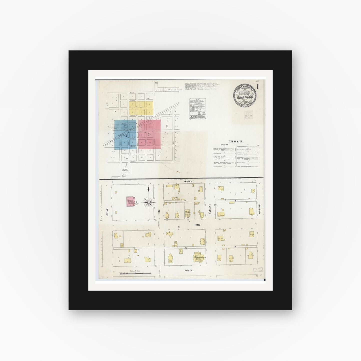 Old map wall art mockup — black gallery frame with white mat — Sanborn Fire Insurance Map from Kirkwood, Warren County, Illinois (1907), Sheet #0001