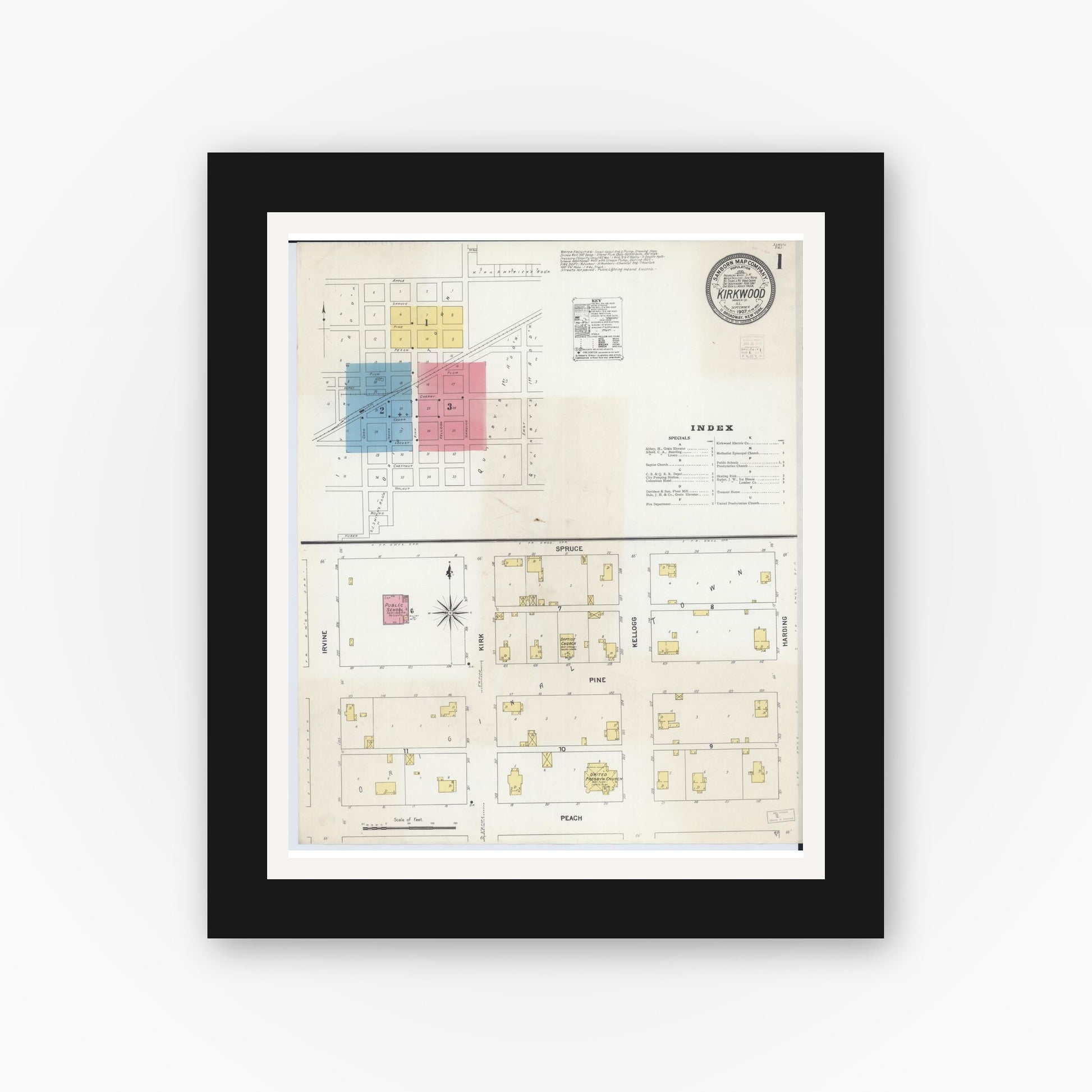 Old map wall art mockup — black gallery frame with white mat — Sanborn Fire Insurance Map from Kirkwood, Warren County, Illinois (1907), Sheet #0001