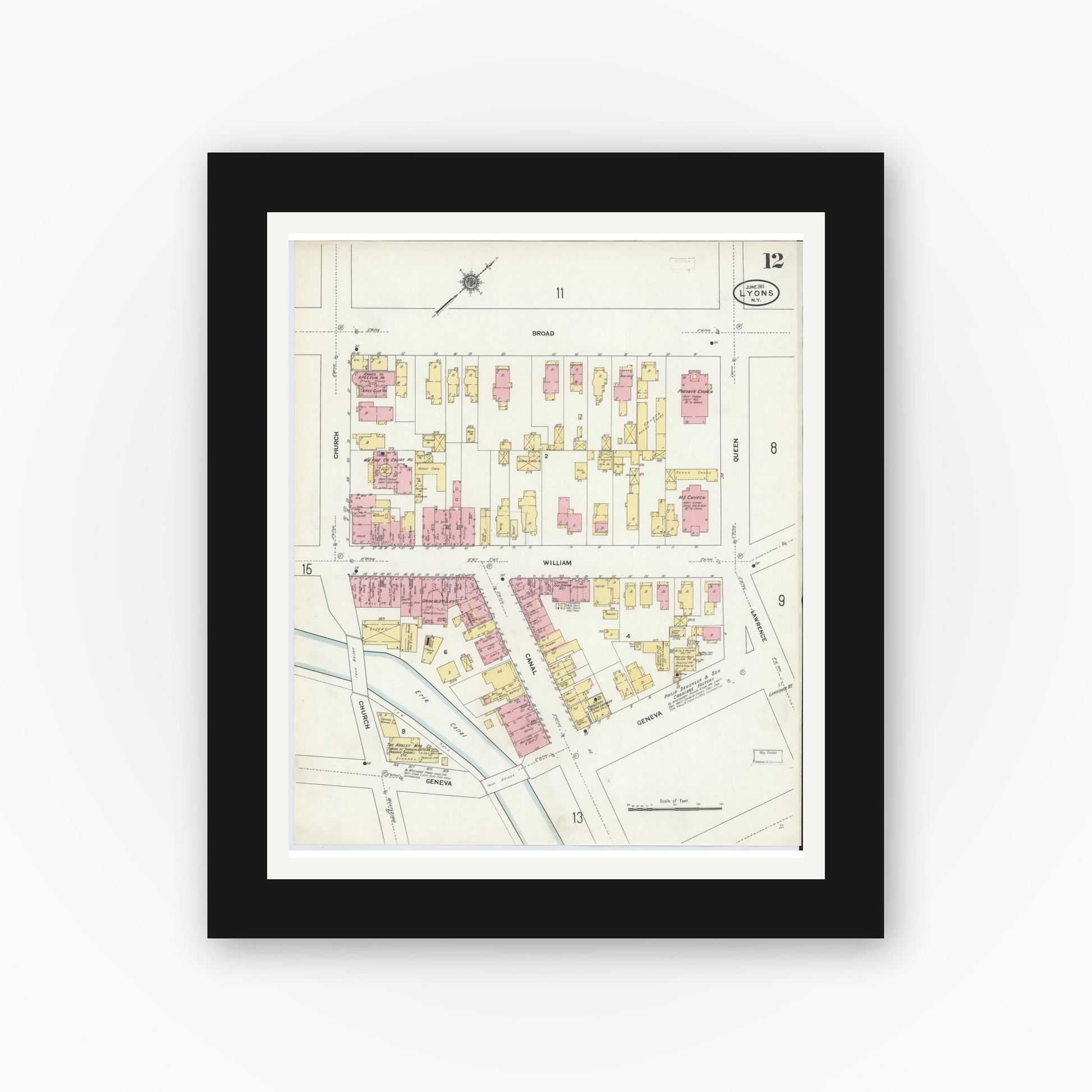Old map wall art mockup — black gallery frame with white mat — Sanborn Fire Insurance Map from Lyons, Wayne County, New York (1911), Sheet #0012