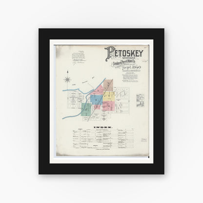 Old map wall art mockup — black gallery frame with white mat — Sanborn Fire Insurance Map from Petoskey, Emmet County, Michigan (1890), Sheet #0001