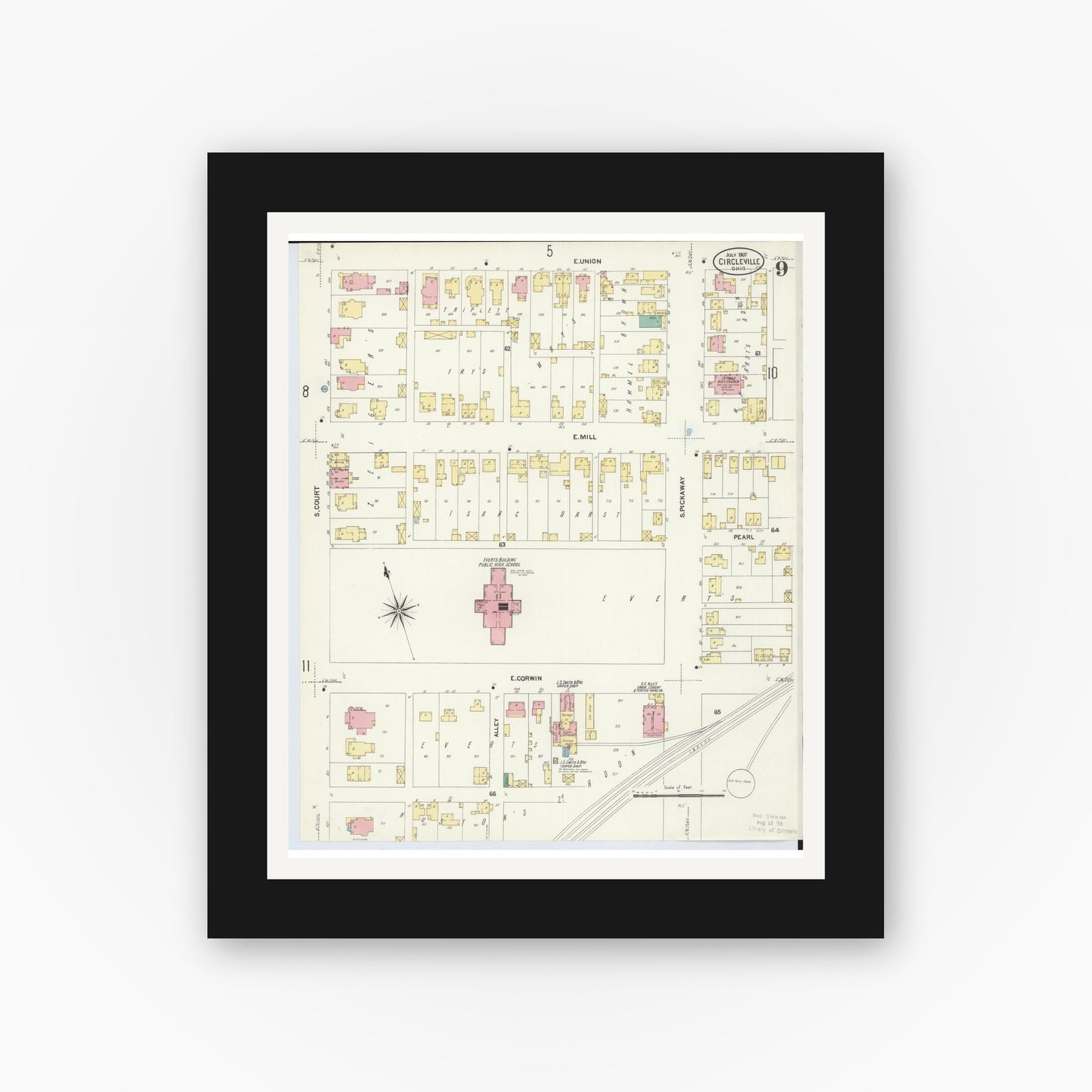 Old map wall art mockup — black gallery frame with white mat — Sanborn Fire Insurance Map from Circleville, Pickaway County, Ohio (1907), Sheet #0009