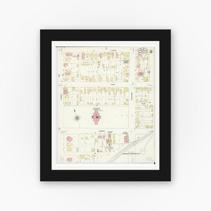 Old map wall art mockup — black gallery frame with white mat — Sanborn Fire Insurance Map from Circleville, Pickaway County, Ohio (1907), Sheet #0009