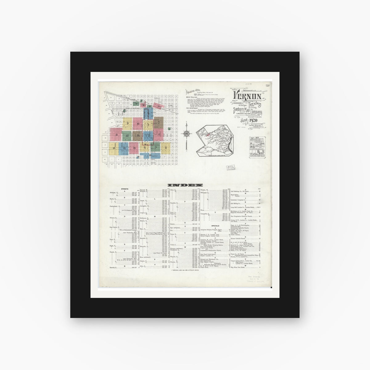 Old map wall art mockup — black gallery frame with white mat — Sanborn Fire Insurance Map from Vernon, Wilbarger County, Texas (1920) - Complete Map Set