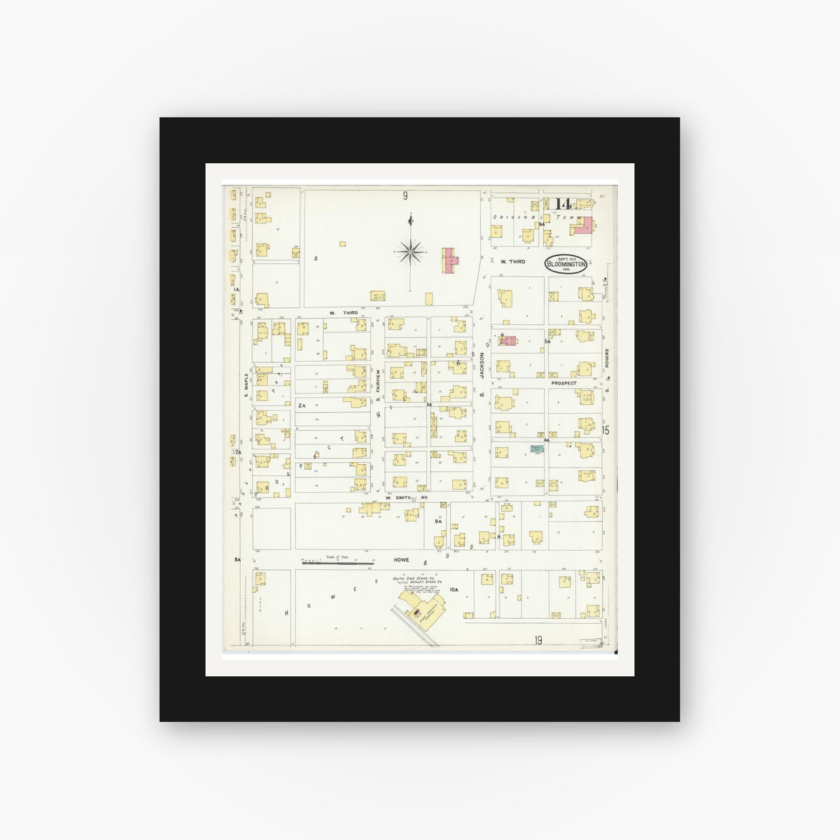 Old map wall art mockup — black gallery frame with white mat — Sanborn Fire Insurance Map from Bloomington, Monroe County, Indiana (1907), Sheet #0014