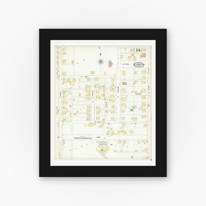 Old map wall art mockup — black gallery frame with white mat — Sanborn Fire Insurance Map from Bloomington, Monroe County, Indiana (1907), Sheet #0014