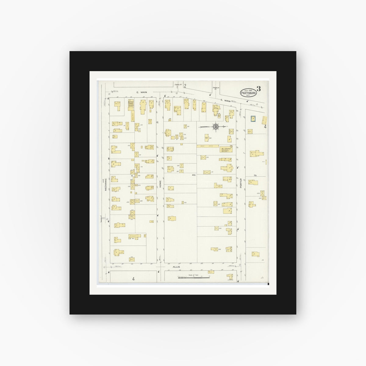 Old map wall art mockup — black gallery frame with white mat — Sanborn Fire Insurance Map from Prattsburgh, Steuben County, New York (1913), Sheet #0003