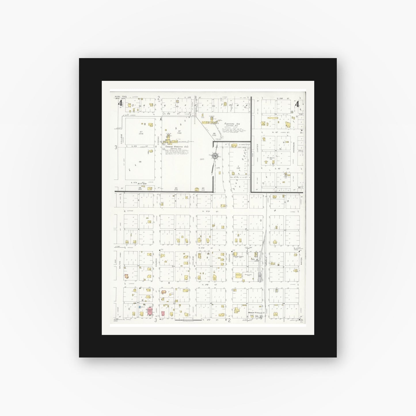 Old map wall art mockup — black gallery frame with white mat — Sanborn Fire Insurance Map from Roby, Fisher County, Texas (1935), Sheet #0004