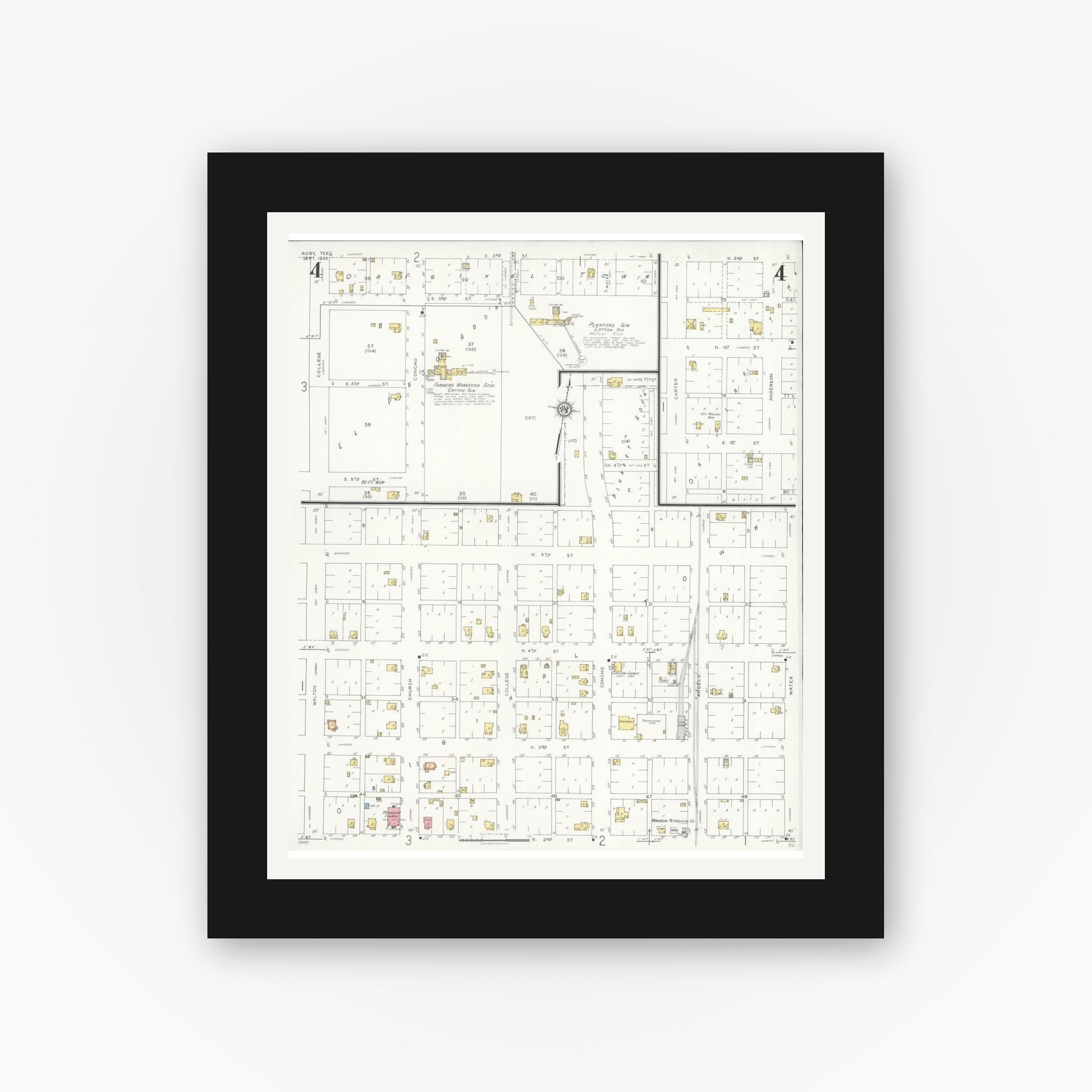 Old map wall art mockup — black gallery frame with white mat — Sanborn Fire Insurance Map from Roby, Fisher County, Texas (1935), Sheet #0004