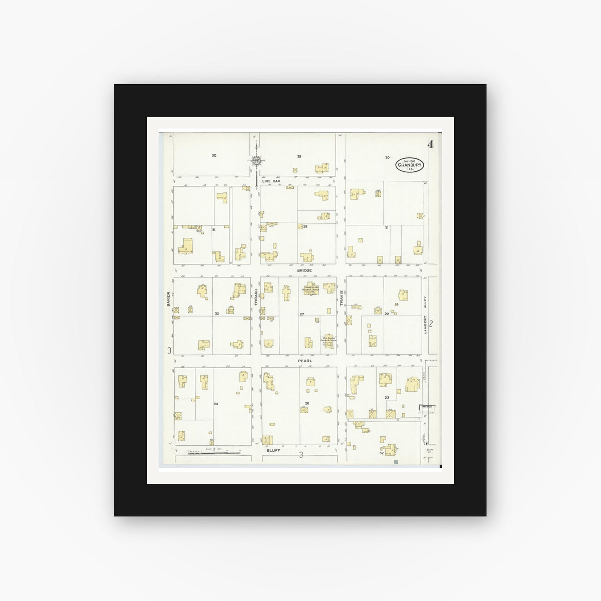 Old map wall art mockup — black gallery frame with white mat — Sanborn Fire Insurance Map from Granbury, Hood County, Texas (1910), Sheet #0004